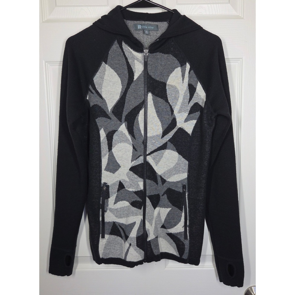 Title Nine Super Power Full Zip Sweater Merino Wool Leaf Hooded Black Gray S